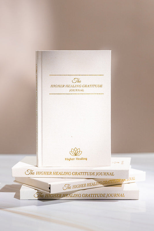 The Wellbeing Box gratitude journal standing on a stack of books.