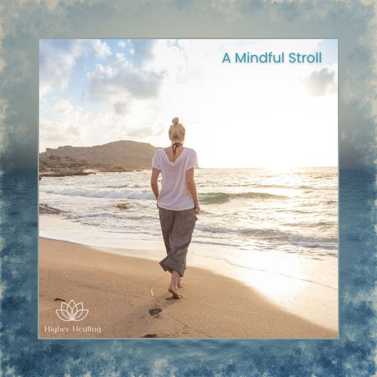 A Mindful Stroll guided meditation - a woman walking barefoot along a beach at dawn.
