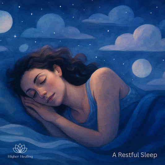 A Restful Sleep guided meditation - an illustration of a woman sleeping beneath a night sky.