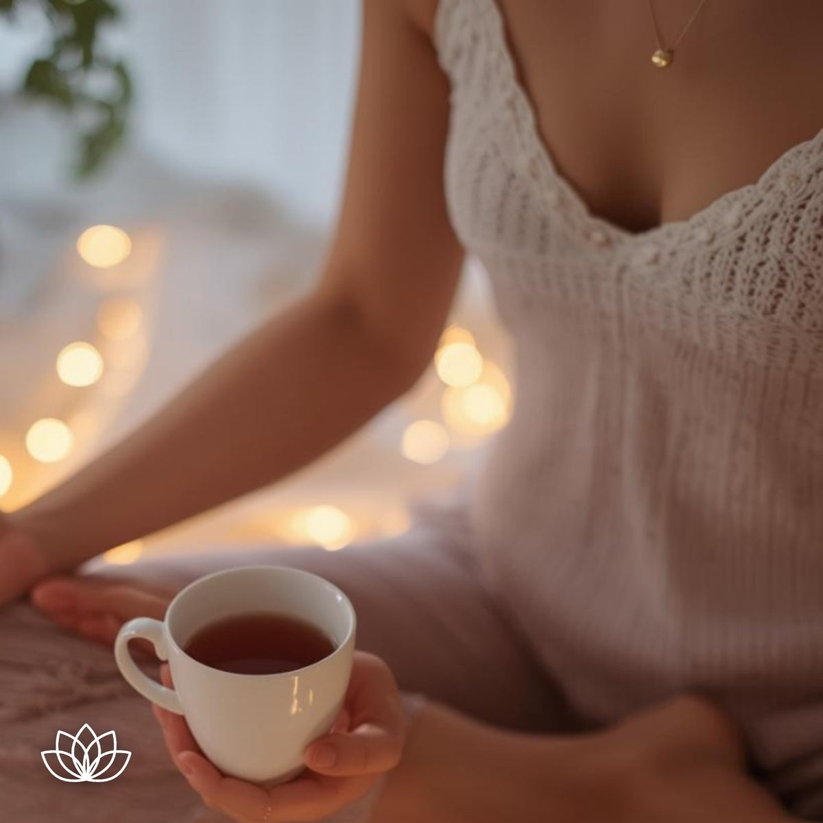 Two hands cradling a warm cup with steam rising, on a soft blanket in low lamplight.