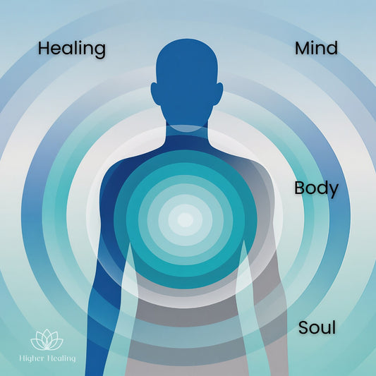 Healing guided meditation - rings of light radiating from a standing figure, marked mind, body and soul.