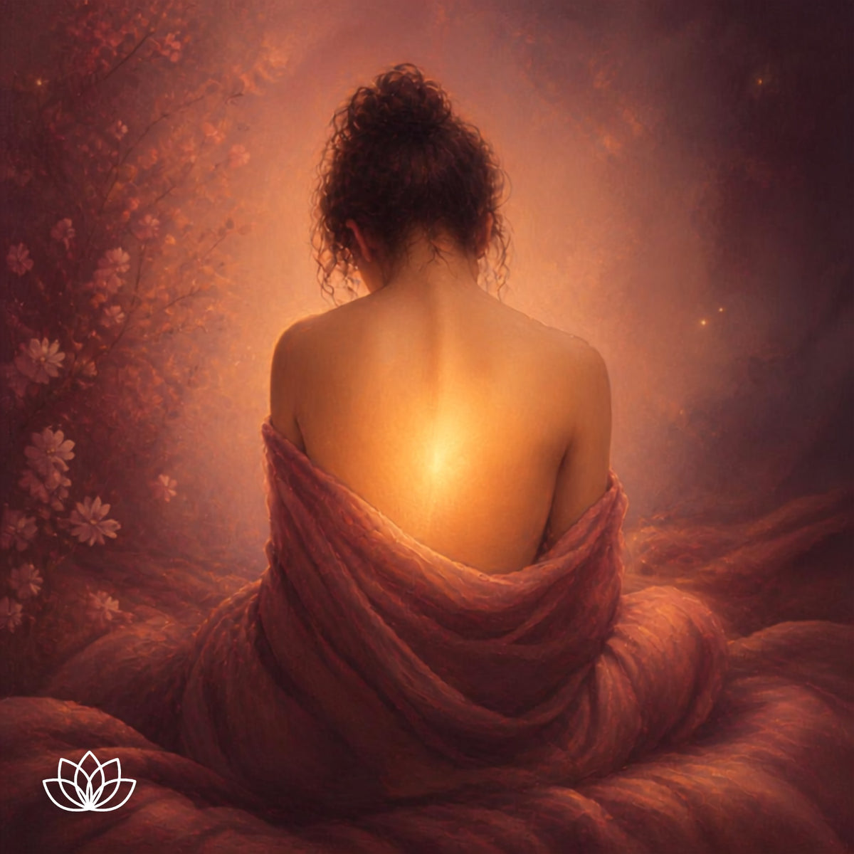A woman facing away, wrapped in a blanket with a soft warm light at her centre.