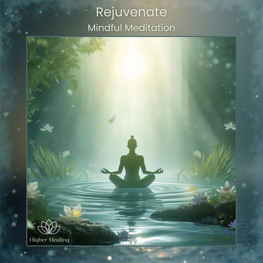 Rejuvenate guided meditation - a figure meditating beside water in a sunlit 