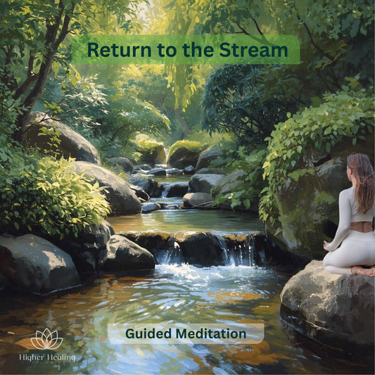 Return to the Stream guided meditation - a woman sitting beside a forest stream.